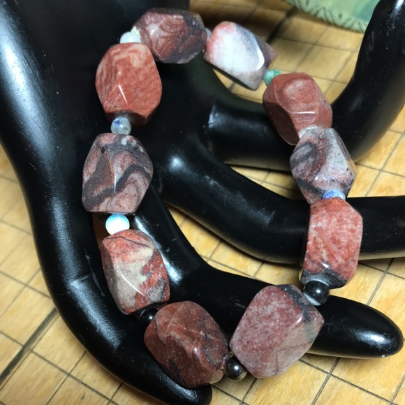 Semiprecious Mix Stone Bracelet 7”L Elastic Jasper w Lapis Lazuli Onyx Opal Etc. - Picture 1 of 8